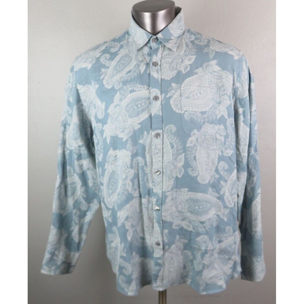 Mens Murano Baird McNutt‎ Linen Paisley Button Front Dress Shirt Size XL Blue